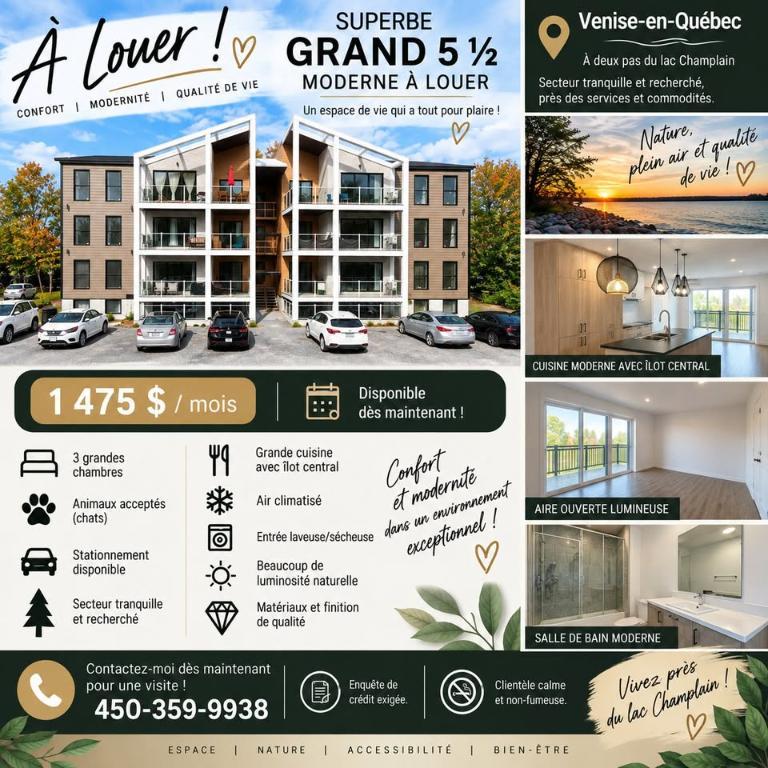 Grand 5 ½ haut de gamme à louer – Construction récente – Disponible maintenant