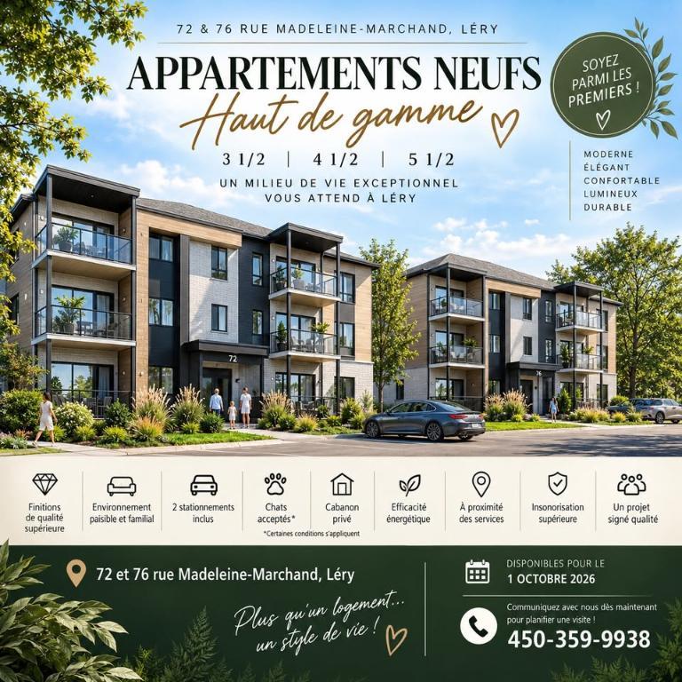 🏡 LOGEMENTS NEUFS HAUT DE GAMME À LOUER – 3 ½, 4 ½ et 5 ½