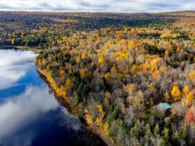 Lac Coulombe, Saints-Martyrs-Canadiens. Superbe domaine de 181 683 pi.ca. au bord de l’eau comprenant chalet, atelier, camp.