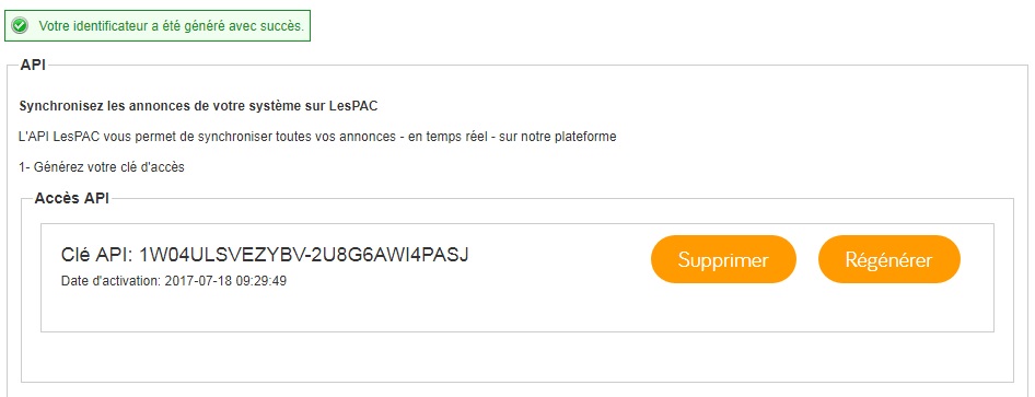 Une clé d'accès est générée